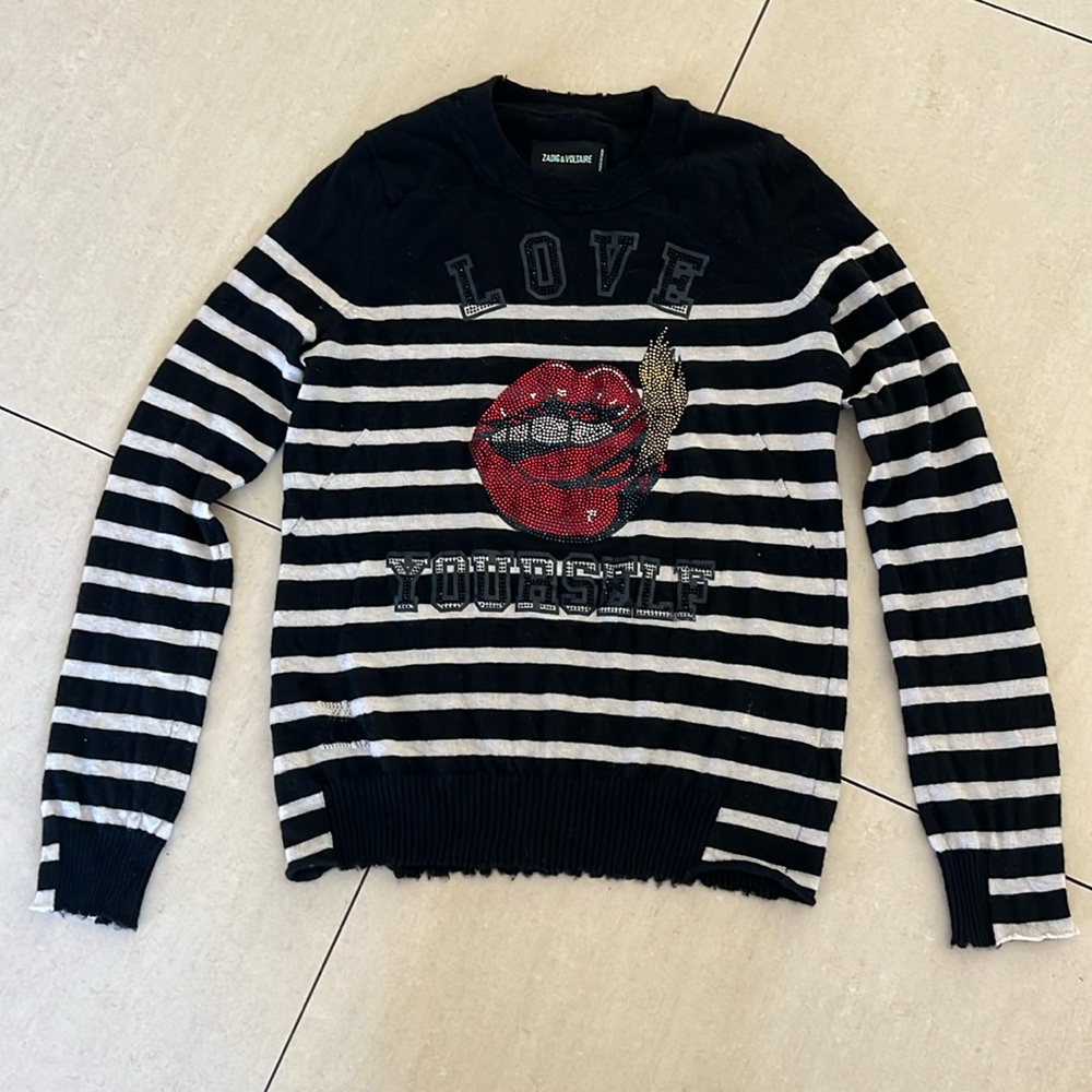 Slightly worn striped cashmere, beaded sweater w/distressed color and sleeves.